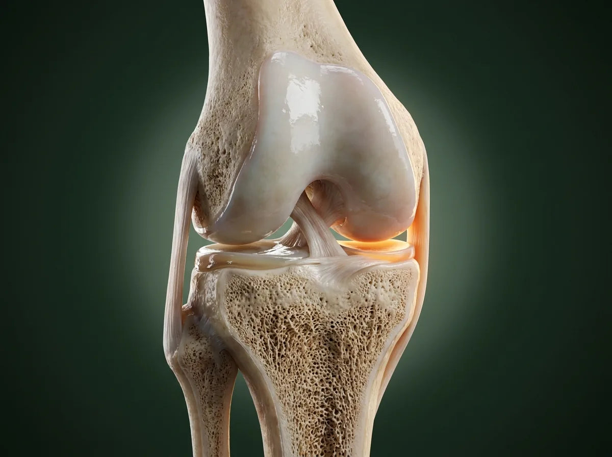 Photorealistic 3D render of a knee joint showing cartilage, dense bone and connective tissue